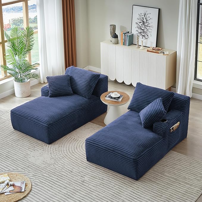 Eafurn Oversized Double Chaise Lounge Indoor with Cup Holders & Side Pocket, 71" Plush Corduroy Boneless Chaise Lounge Sofa with High Density Sponge & Deep High Seat Comfy Sleeper Couch Bed | Breathable material, No Assembly, 52" Deep Seat, 19.7" High ...