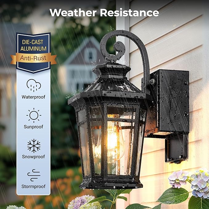 Porch Light with GFCI Outlet, Black Dawn to Dusk Outdoor Light Fixture with Outlet, Exterior Wall Lights with Beveled Glass, Anti-Rust Front Door Lights Wall Mount, Garage Outdoor Lighting, E26