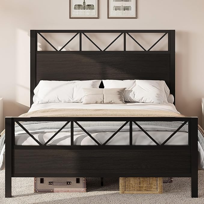 LIKIMIO Queen Bed Frame, Tall Industrial Headboard 51.2 ", Platform Bed Frame with Strong Metal Support, Solid and Stable, Noise Free, No Box Spring Needed, Easy Assembly, Black