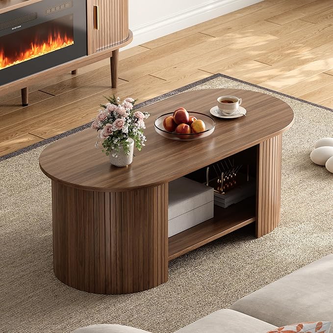 Oval Fluted Coffee Table, 2-Tier Center Table with Large Storage, Mid-Century Modern Wood Coffees Table for Living Room, Home Office, Small Space, Walnut