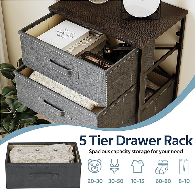 Whitmor Dresser for Bedroom, 5 Drawer Fabric Dresser, Chest of Drawers with Removable Fabric Drawer,37" Tall Wood Storage Organizer with Sturdy Steel Frame, 16.7" Lx 11.7" W x 37.2" H, Gray