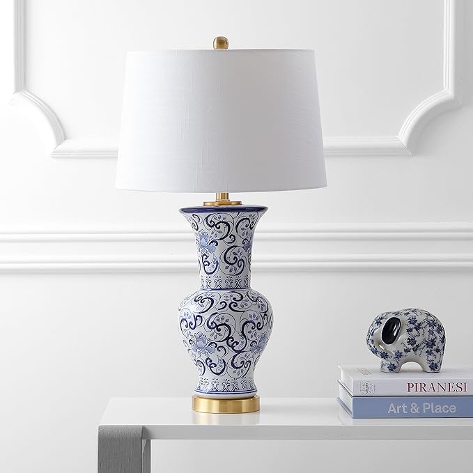 JONATHAN Y 28.5" Blue/White Chinoiserie Ceramic LED Table Lamp, Traditional Hand-Painted Floral Vase Lamp for Living Room, White Linen Shade, LED Bulb Included JYL5014A