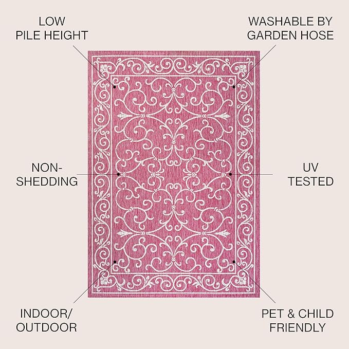 JONATHAN Y Vintage Filigree Indoor Outdoor Square Area Rug 5X5 Fuchsia/Light Gray, Charleston Textured Weave for Backyard, Patio, Porch, Easy-Cleaning, Pet-Friendly, Non-Shedding (SMB106J-5SQ)