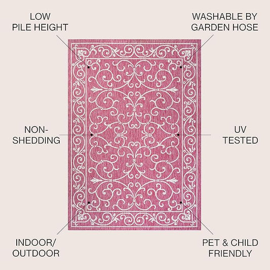 JONATHAN Y Vintage Filigree Indoor Outdoor Square Area Rug 5X5 Fuchsia/Light Gray, Charleston Textured Weave for Backyard, Patio, Porch, Easy-Cleaning, Pet-Friendly, Non-Shedding (SMB106J-5SQ)