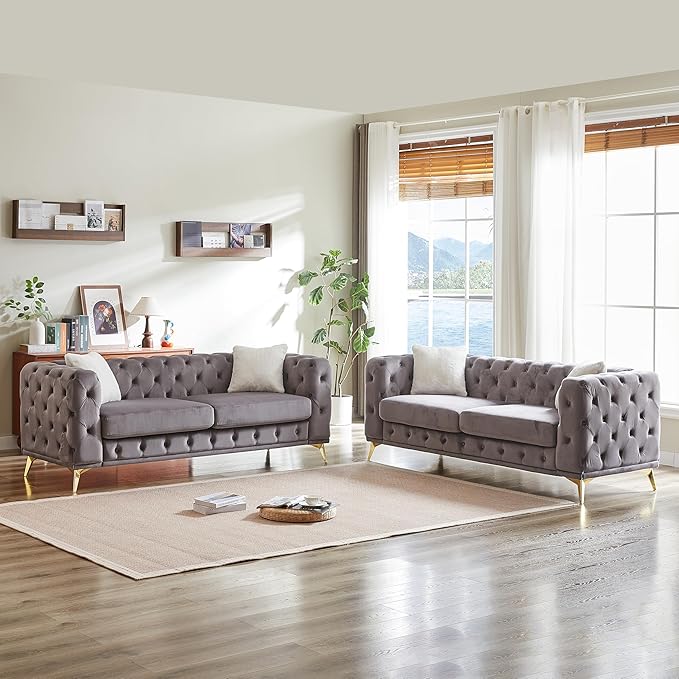 KEIKI 2-Piece Luxury Chesterfield Sofa Set with 2 Velvet 3-Seater Sofa, Mid-Century 6-Seater Tufted Buttons Couch Set with 4 Pillows & High-Density Foam Cushions, Easy Assembly, for Living Room, Grey