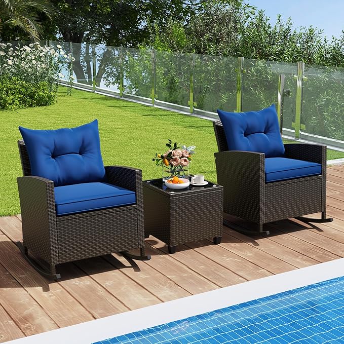 Tangkula 3 Piece Wicker Rocking Set, Patio Rattan Roker Chairs with Tempered Glass Table & Soft Cushions, Outdoor Furniture Set for Backyard, Poolside Porch (Navy)