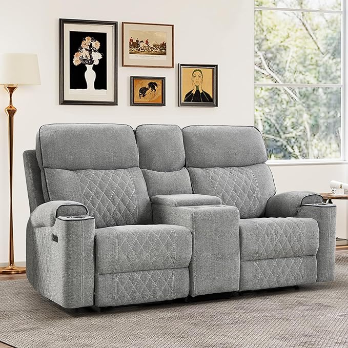 HAOMARKETS Power Reclining Loveseat Sofa with USB & Type-C Charging Port, Breathable Fabric 2-Seater Electric Recliner Couch with Cup Holders & Storage Console for Living Room, Light Grey