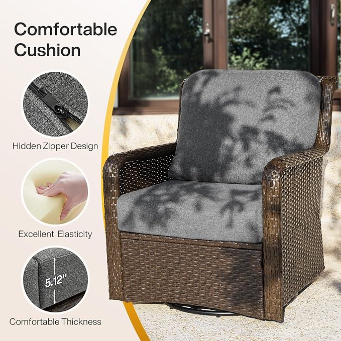Tribesigns Outdoor Wicker Swivel Chair, Patio Rattan Rocking Chair with Thick Gray Cushions, 360 Degree Swivel Patio Chair for Deck, Backyard, Porch, Garden, Brown/Gray