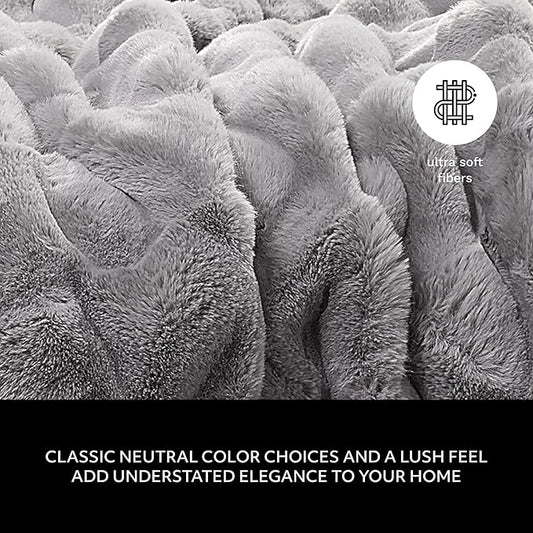 Mon Chateau 60" x 70" Hearthside Faux Fur Throw Blanket, Reversible Soft Blanket for Queen-Size Bed, Couch, or Sofa, Cozy Home Decor and Stylish Living Room Comfort, Fog Stone
