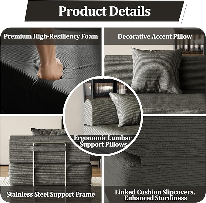 31.5'' Convertible Compressed Corduroy Folding Cloud Sofa Bed, Modern Boneless Pull Out Sleeper Sofa Couch in a Box, 3 in 1 Portable Lazy Floor Lounge Chair, for Small Space, Grey, Pillow, Single