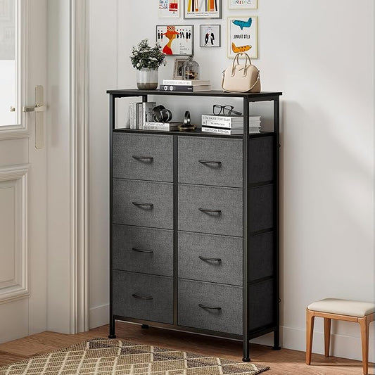 DUMOS Fabric Dresser for Bedroom with 8 Drawers, Tall 8-Drawer Chest of Drawers with Raised Shelf, Storage Tower with Fabric Bins for Closet Organization, Hallway Storage, Grey