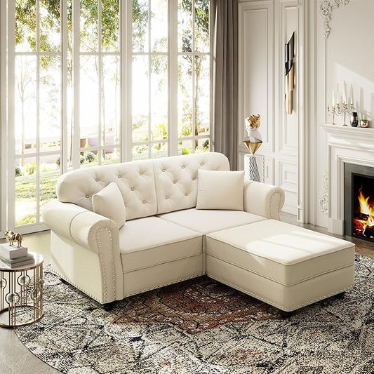 KEIKI 63" Velvet Chesterfield Sofa with Rolled Arms & Nailhead Trim & 1 Ottoman, Modern 2-Seater Button Tufted Couch with High Resilience Cushion & 2 Pillow, Easy Assembly, for Living Room, White