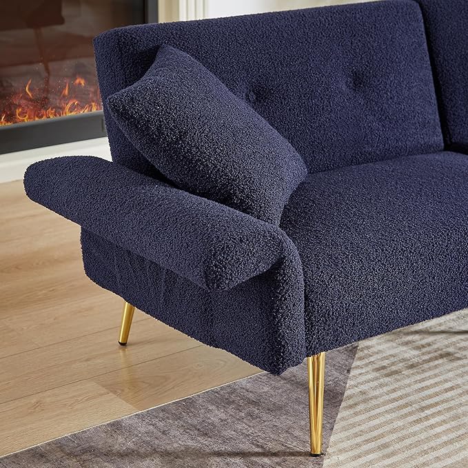Eafurn Teddy Futon Sofa Bed Modern Folding Futon Set Convertible Recliner Lounge Sleeper Couch with Adjustable Armrest and Backrest for Living Room Apartment | Golden Legs, Wood Frame, Side Pockets