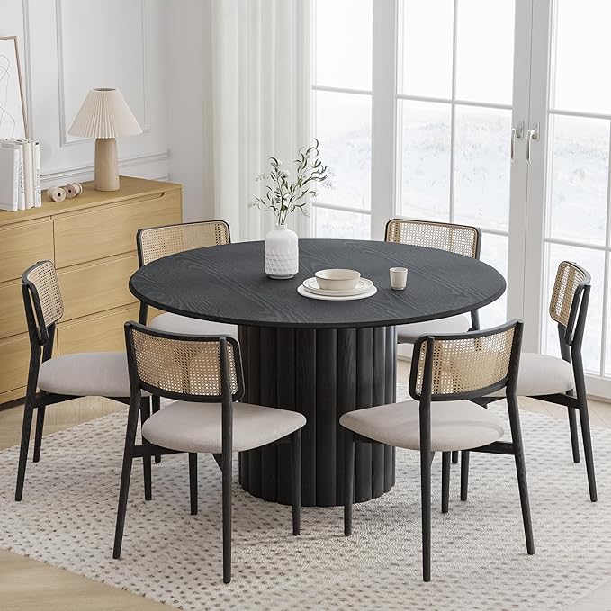 Casaphoria 52" Round Dining Table, Modern Wood Kitchen Table with Wide Column Pedestal Base for Living Room & Dining Room, Easy Assembly Farmhouse Furniture for 4-6, Black