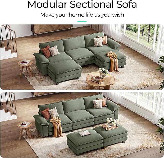 LINSY HOME 123'' Modular Sectional Sofa Green Couch Corduroy Cloud Couches for Living Room, U Shaped Couch with Movable Ottoman, Modern Cloud Sectional Sofas for Bedroom and Apartment, Green