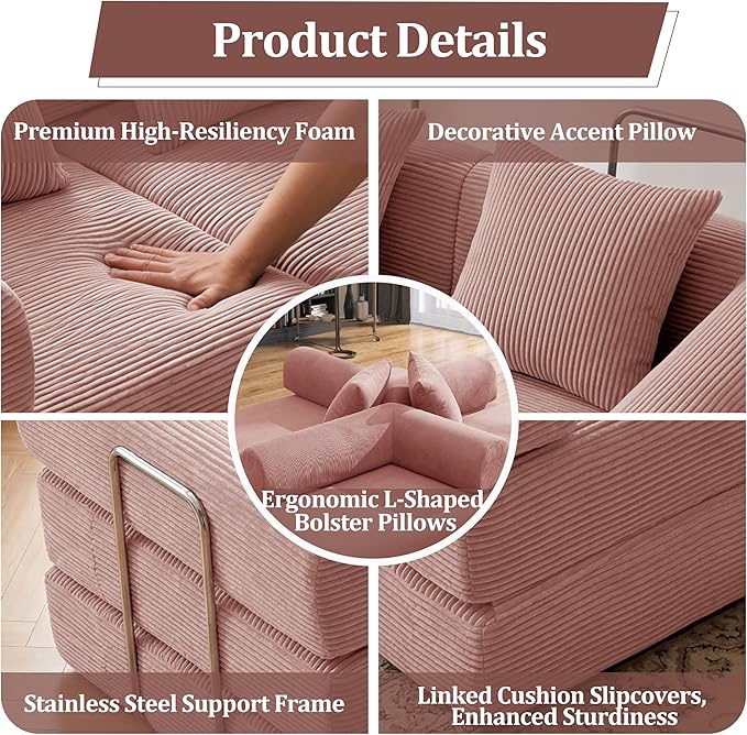 Convertible Compressed Corduroy Folding Cloud Sofa Bed, 59'' Modern Boneless Pull Out Loveseat Sleeper in a Box, 5 in 1 Floor Mattress Futon Cloud Couch, No Assembly Needed, Pink, 2 Pillows, Queen