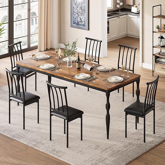 Garvee 79-Inch Modern Farmhouse Dining Table, Large Rectangular Kitchen Table for 6-8 People, Sturdy Wood Top with Unique Legs, Scratch-Resistant Dining Room Furniture for Party, Big Family, Brown