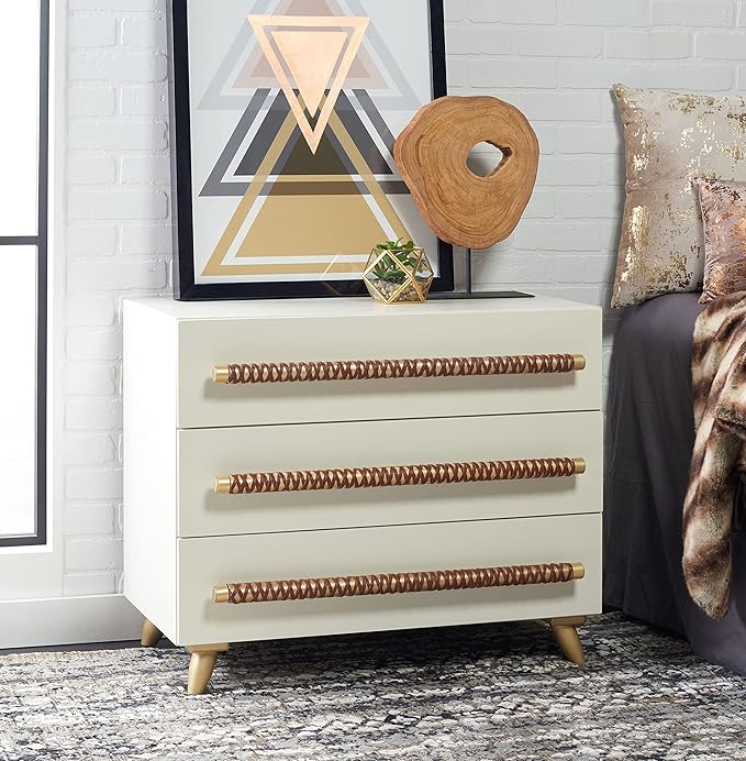 SAFAVIEH Home Collection – Raquel White 3 Drawer Chest, Mid-Century Style Dresser with Faux Leather Wrapped Drawer Pulls (CHS6602C)