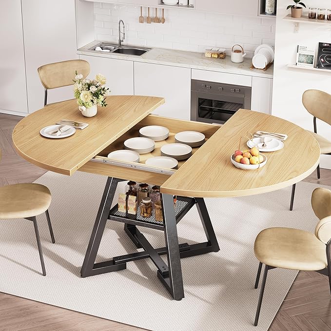 Round Dining Table Kitchen Dining Room Dinner Table for 4-6, Space Saving Extendable Oval Circle Furniture with Pedestal Base and Storage Shelf for Kitchen Living Room (Wood, for 6-8)