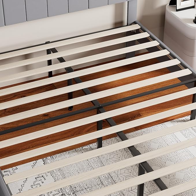 VECELO Queen Bed Frame Upholstered Platform with Tufted Adjustable Headboard/Mattress Foundation/Wood Slat Support,Easy Assembly,Dark Grey