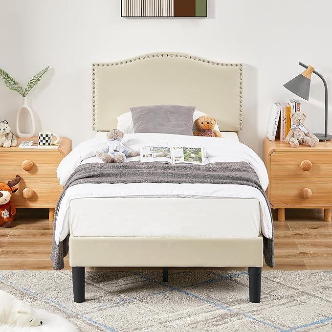 VECELO Twin Bed Frame, Platform Bed Frame with Adjustable Height Upholstered Headboard, Heavy-Duty Frame and Strong Wooden Slats Support, Non-Slip and Noise-Free, Easy Assembly, Beige