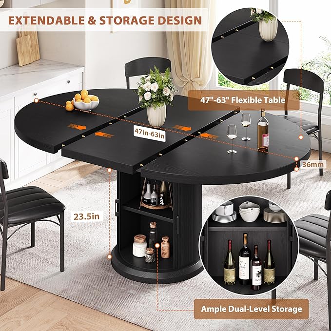 47″–63″ Extendable Round Dining Table for 4–8 with Dust-Proof 2-Tier Storage Shelf Space Saving Expandable Wood Oval Circle Dinner Furniture with Pedestal Base (Black)