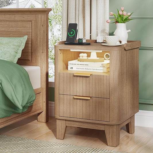 Night Stand with Charging Station, Fluted NightStand with LED Light and 2 Drawers, Wood Bedside Table with Open Storage, Modern