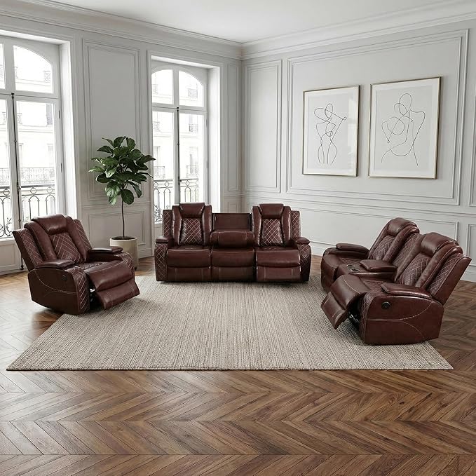 Power Recliner Sofa Set, Air Leather Reclining Couch with LED, 3 Pieces Reclining Living Room Furniture, Burgundy Leather Sofa and Loveseat Chair for House/Apartment/Office