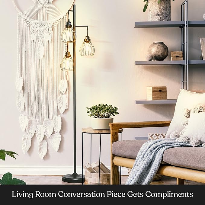 Brightech Teardrop - Modern LED Floor Lamp for Bedroom, Office, Living Room – Tall Industrial Standing Tree Lamp with 3 Elegant Cage Lamp Shades, Bright Edison Bulbs – Black