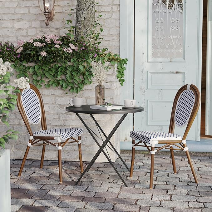 Flash Furniture Lourdes Indoor/Outdoor Commercial Thonet Bistro Stack Chair - White/Navy PE Rattan Back and Seat - Natural Bamboo Print Metal Frame - Set of 2