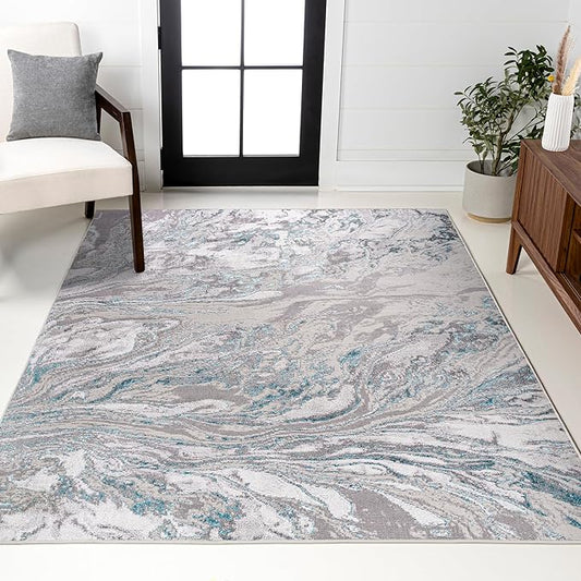 JONATHAN Y Swirl Marbled Gray/Turquoise Indoor Area Rug 5X8 ft, Abstract for Living Room, Bedroom, Kitchen, Office, Easy-Cleaning, High Traffic, Pet-Friendly, Non-Shedding SOR203A-5