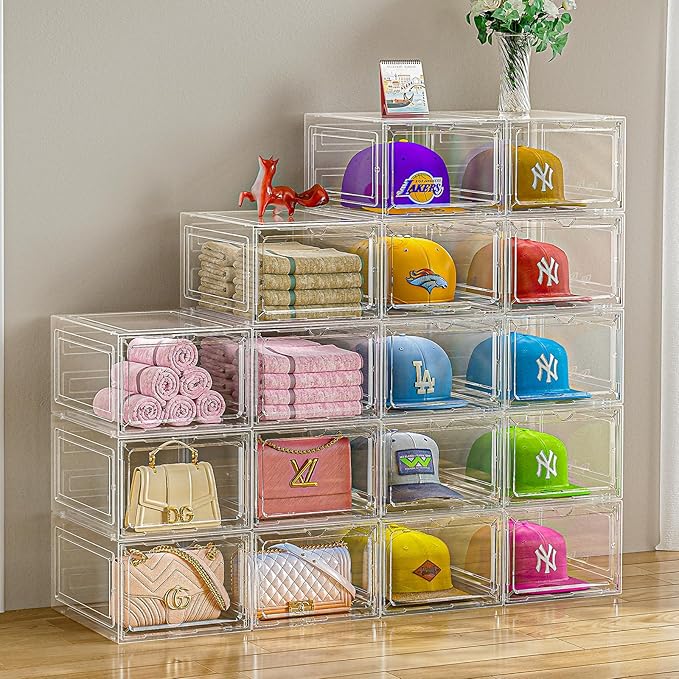 Hat Organizer Box for Baseball Caps, 6 Pack Plastic Hat Storage Display Case with Magnetic Door, Hat Holder Rack for Closet, Snapback Organizer, Hold 8 Caps Each