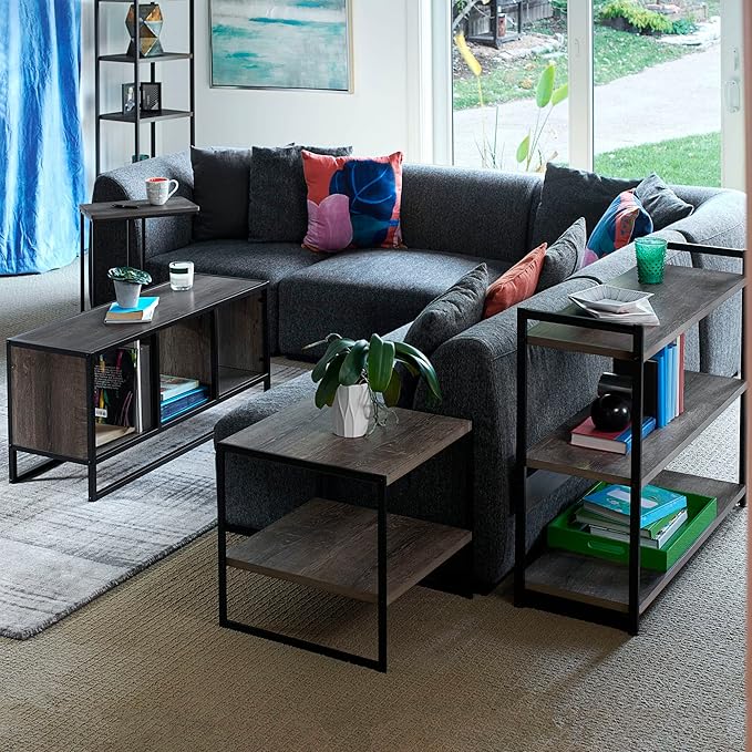 Household Essentials Jamestown TV Stand Coffee Table with Square Cube Storage Compartments Ashwood Rustic Wood Grain and Black Metal