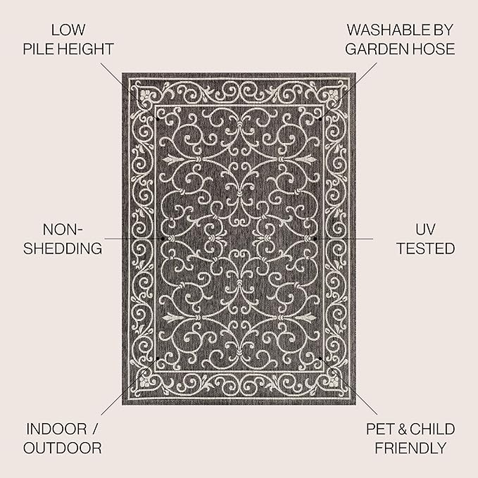 JONATHAN Y Vintage Filigree Indoor Outdoor Round Area Rug 8 Ft Black/Gray, Charleston Textured Weave for Backyard, Patio, Porch, Easy-Cleaning, High Traffic, Pet-Friendly, Non-Shedding (SMB106G-8R)