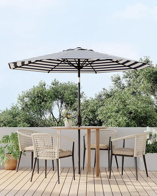 GarveeLife 9 ft Outdoor Patio Umbrella, Table Market Umbrella with Push Button Tilt and Crank, 8 Sturdy Ribs UV Protection Waterproof for Garden, Deck, Pool (Black-and-white striped)