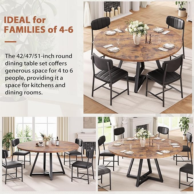 51“ Round Kitchen Dining Room Table for 6-8, Circle Dining Dinner Table with Pedestal Metal Frame, Space Saving Wood Industrial Furniture for Small Space (Rustic Brown)