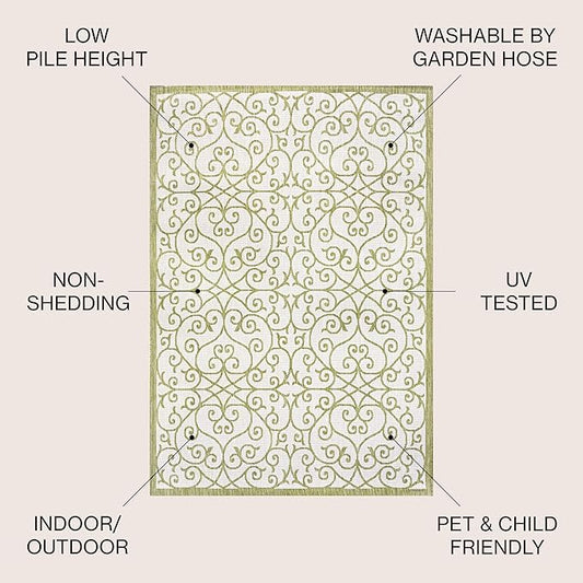 JONATHAN Y Vintage Filigree Indoor Outdoor Square Area Rug 5X5 Green/Cream, Madrid Textured Weave for Backyard, Patio, Porch, Easy-Cleaning, High Traffic, Pet-Friendly, Non-Shedding (SMB107H-5SQ)