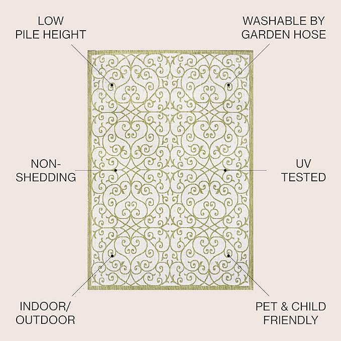 JONATHAN Y Vintage Filigree Indoor Outdoor Area Rug 3X5 Green/Cream, Madrid Textured Weave for Backyard, Patio, Porch, Easy-Cleaning, High Traffic, Pet-Friendly, Non-Shedding (SMB107H-3)