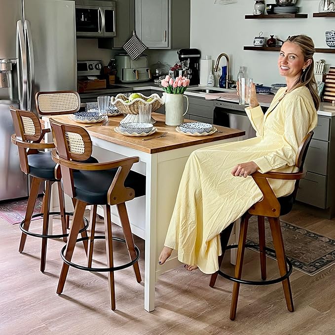 Swivel Bar Stools Set of 2 - 30 inch Mid Century Bar Stools with Walnut Craftsmanship, Curved Rattan Back, Upholstered Seat, Bar Height BarStools for Kitchen/Pub/Island/Cafe (30" Seat Height, Black)