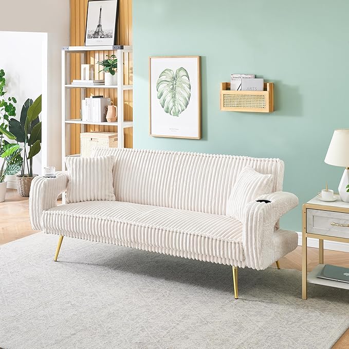 Luxury Plush Corduroy Upholstered Futon Sofabed Living Room Loveseat Sofa Convertible Sleeper Couch Bed with Style Armrests,Cupholders and Pillows, Love Seat Sofa&Couch for Home/Studio/Apartment