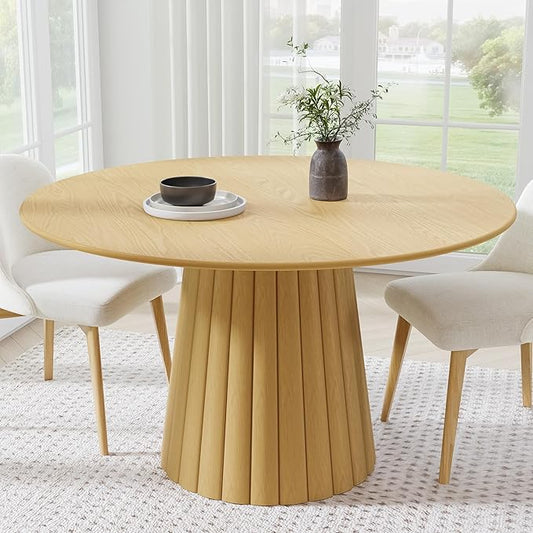 Casaphoria 52" Round Dining Table, Modern Wood Kitchen Table with Cone Shaped Strip Convex Base for Living Room & Dining Room, Easy Assembly Farmhouse Furniture for 4-6, Oak
