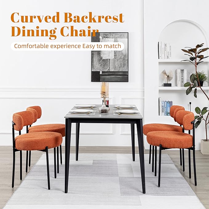 DYHOME Dining Chair One Chair for Kitchen Dining Room,Upholstered Modern Boucle Dining Chair with Black Metal Legs Curved Backrest, Orange