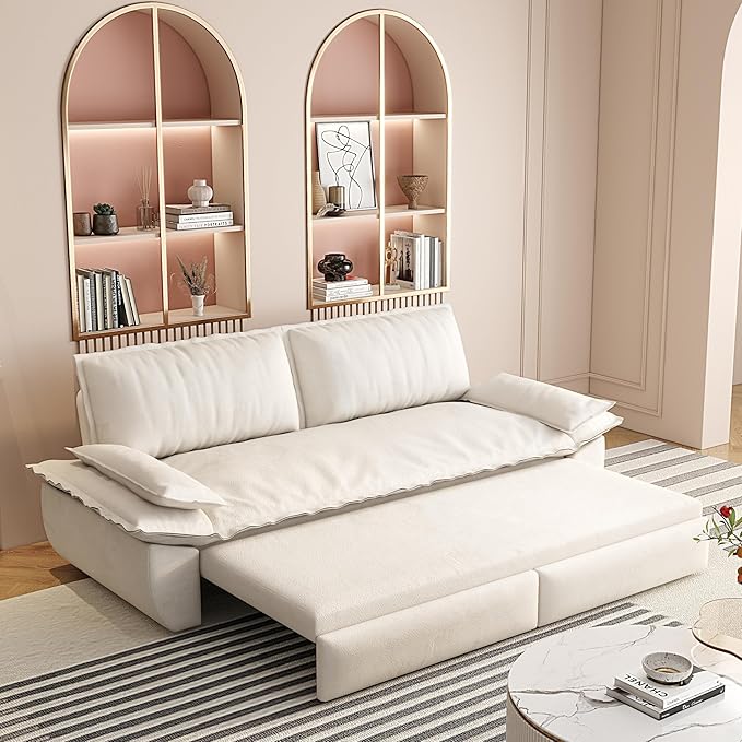 3-in-1 Convertible Sofa Bed Queen Size Pull Out Sleeper Sofa with Heavy Duty Metal Frame, Luxurious Velvet Upholstered Loveseat with 2 Pillows, Modern Folding Guest Bed for Living Room, Apartment