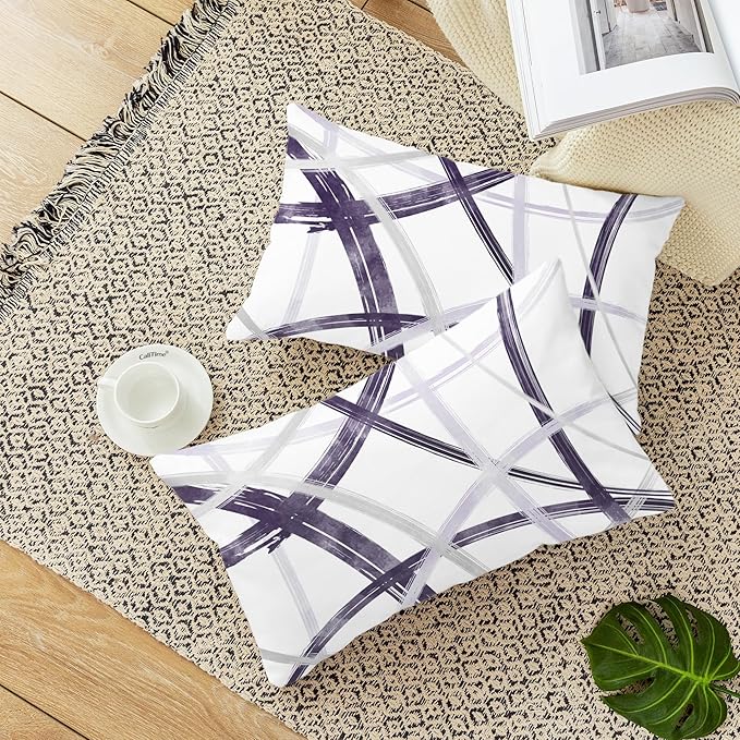 CaliTime Throw Pillow Cases Pack of 2 Cozy Fleece Arc-Shaped Abstract Geometric Lines Decorative Cushion Covers for Couch Bed Sofa Farmhouse Decoration 12 X 20 Inches Deep Purple Grey