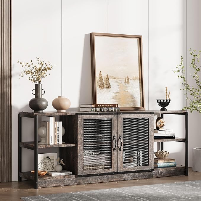 Farmhouse TV Stand for 65/75 inches TVs, Industrial Entertainment Center with Double Mesh Doors and Storage Cabinet, Rustic TV for Living Room, Rustic Oak