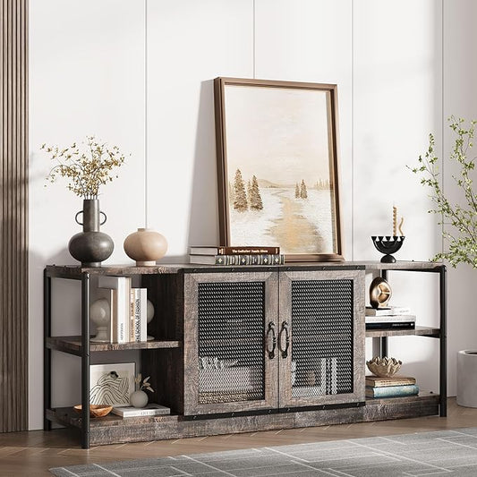 Farmhouse TV Stand for 65/75 inches TVs, Industrial Entertainment Center with Double Mesh Doors and Storage Cabinet, Rustic TV for Living Room, Rustic Oak