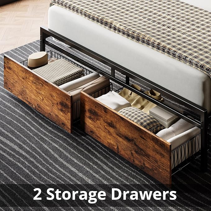 LIKIMIO Full Size Bed Frame, Storage Headboard with Charging Station, Platform Bed with Drawers, No Box Spring Needed, Easy Assembly, Vintage Brown and Black