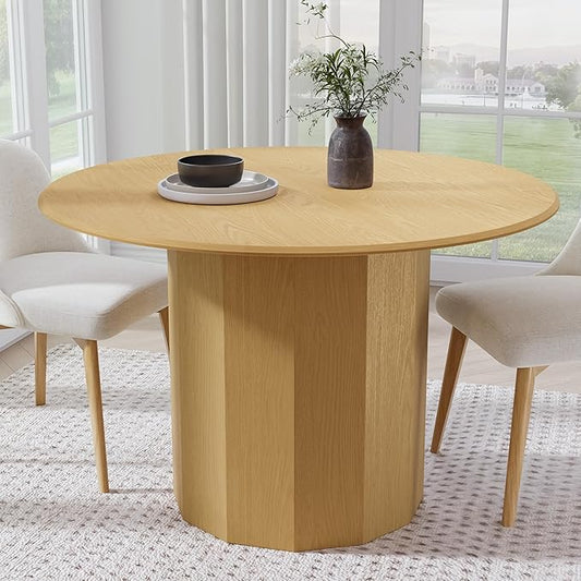 Casaphoria 46" Round Dining Table, Modern Wood Kitchen Table with Cylinder Polygonal Base for Living Room & Dining Room, Easy Assembly Farmhouse Furniture for 4-6, Oak