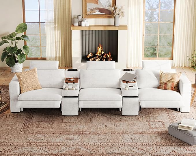 152.4" Power Recliner Sofa Wall Hugger, Modular Cloud Sectional Reclining Couch with Headrest, Storage Drawer Cup Holder, 3-Seater with 2 Consoles for Home Theater Living Room, Chenille, White