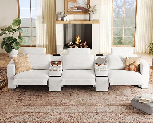152.4" Power Recliner Sofa Wall Hugger, Modular Cloud Sectional Reclining Couch with Headrest, Storage Drawer Cup Holder, 3-Seater with 2 Consoles for Home Theater Living Room, Chenille, White